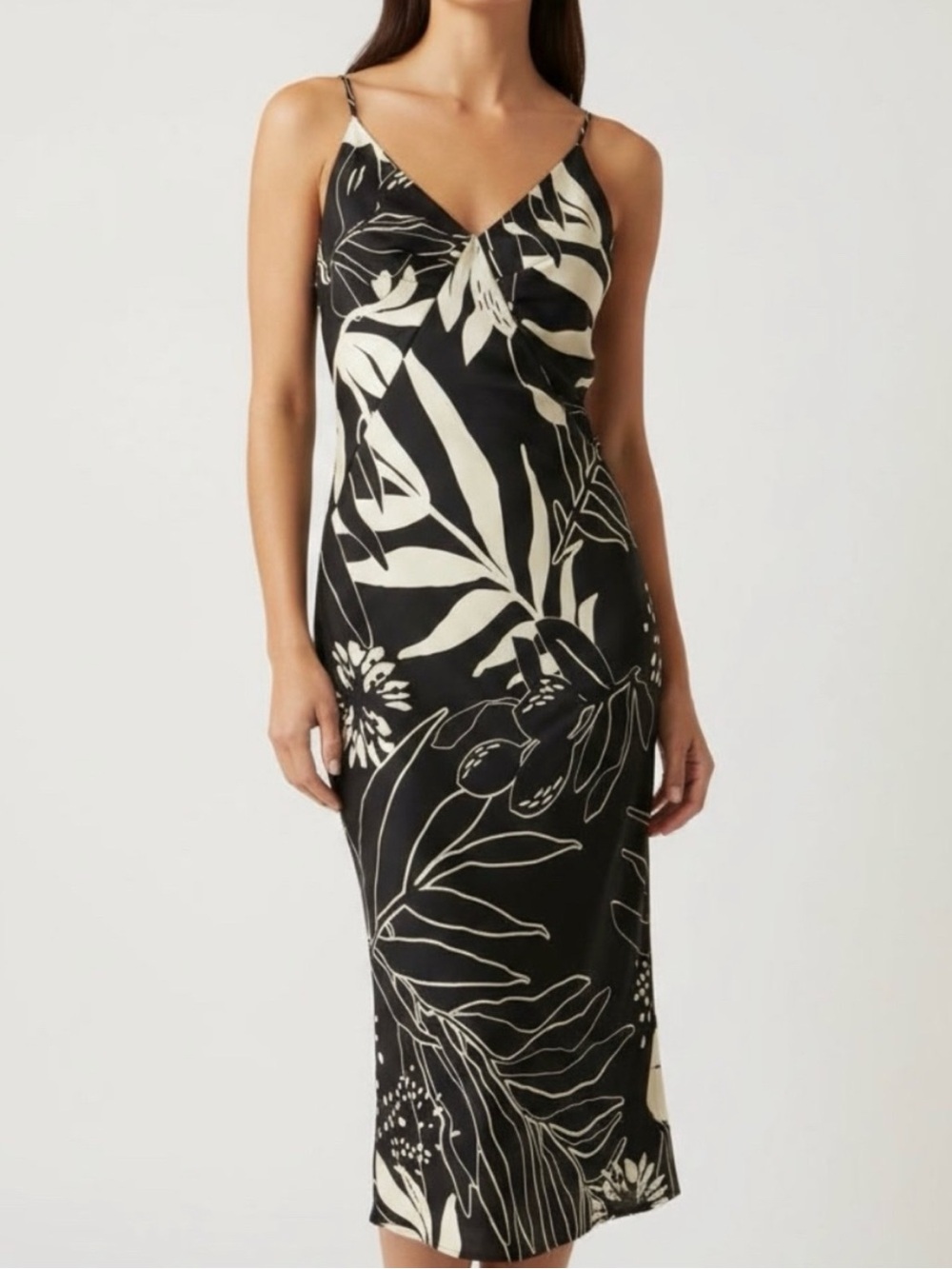 Caroline Constas Black & Cream Floral Slip Midi Dress